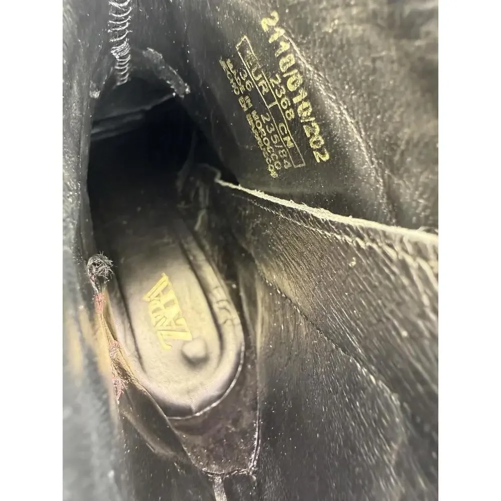 Zara Croc Embossed Western Ankle Boots Black Re Leather Pointed Toe EU 36 US 6